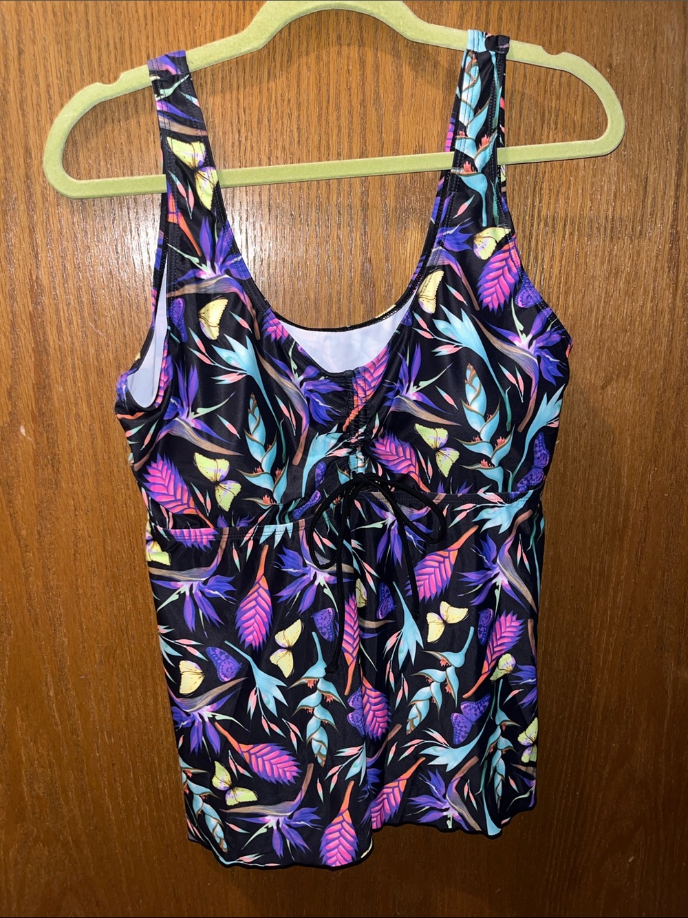 Women’s Swim Tank with Black Tropical Print and Purple Accents NWOT